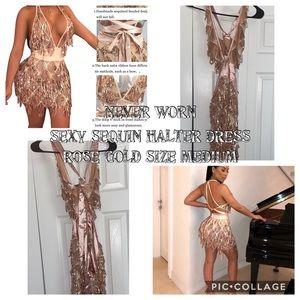 Rose gold sequin halter dress